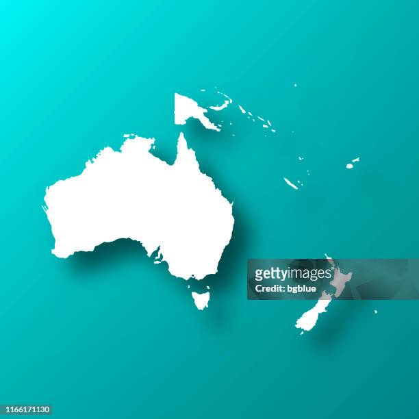 ilustraciones, imágenes clip art, dibujos animados e iconos de stock de mapa de oceanía sobre fondo verde azul con sombra - australasia