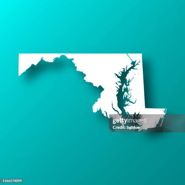 maryland karte auf blau-grünem hintergrund mit schatten - maryland staat stock-grafiken, -clipart, -cartoons und -symbole