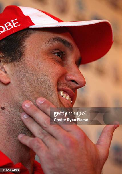 Daniel Bradshaw of the Sydney Swans speaks to the media during a press conference to announce his retirement from the AFL at Sydney Cricket Ground on...