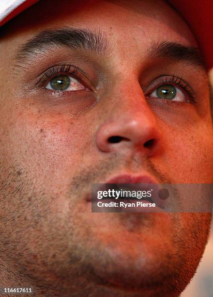 Daniel Bradshaw of the Sydney Swans speaks to the media during a press conference to announce his retirement from the AFL at Sydney Cricket Ground on...