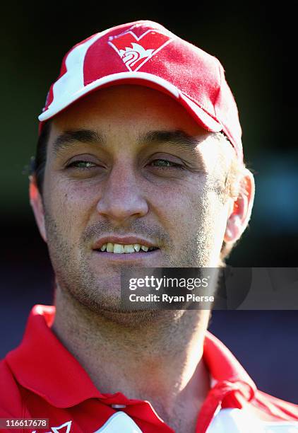 Daniel Bradshaw of the Sydney Swans speaks to the media during a press conference to announce his retirement from the AFL at Sydney Cricket Ground on...