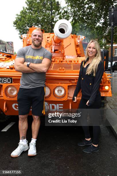 James Haskell and Chloe Madeley pose with the Grenade® tank on August 05, 2019 in London, England.