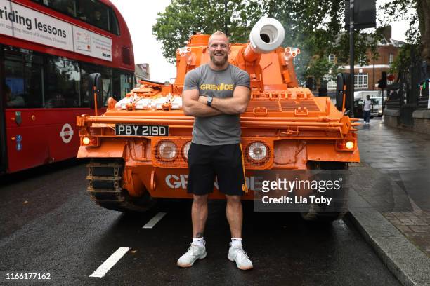James Haskell poses with the Grenade® tank on August 05, 2019 in London, England.