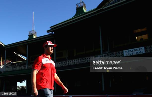 Daniel Bradshaw of the Sydney Swans walks around the SCG after a press conference to announce his retirement from the AFL at Sydney Cricket Ground on...
