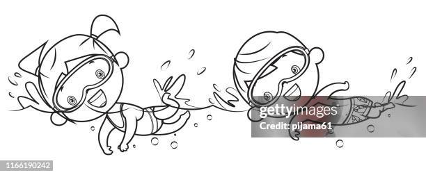 ilustraciones, imágenes clip art, dibujos animados e iconos de stock de libro para colorear, niño y niña natación - bañarse