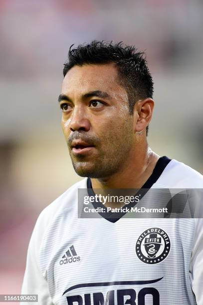 Marco Fabian of Philadelphia Union prepares to take a corner kick in the first half against the D.C. United at Audi Field on August 4, 2019 in...