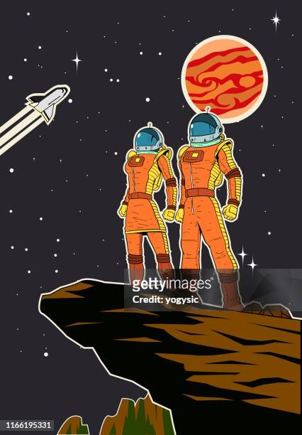 vector retro astronaut couple poster illustration - cientist rocket stock illustrations