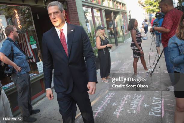 Democratic presidential candidate and Ohio congressman Tim Ryan visits the Oregon District following yesterday's mass shooting on August 05, 2019 in...