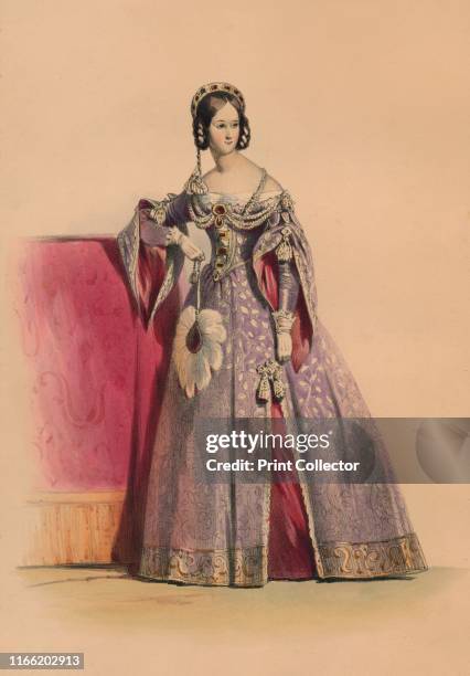 Guest in costume for Queen Victoria's Bal Costumé, May 12 1842, . Woman in a dress with slit sleeves, a jewelled bodice and headdress, holding an...