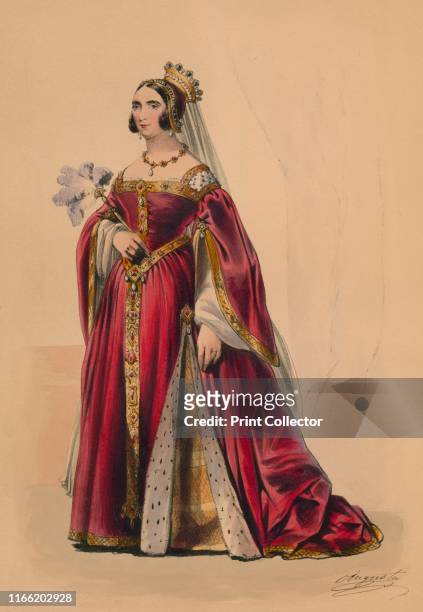 Guest in costume for Queen Victoria's Bal Costumé, May 12 1842, . Guest, possibly Princess Augusta of Saxe-Weimar-Eisenach , wearing a crown, a...
