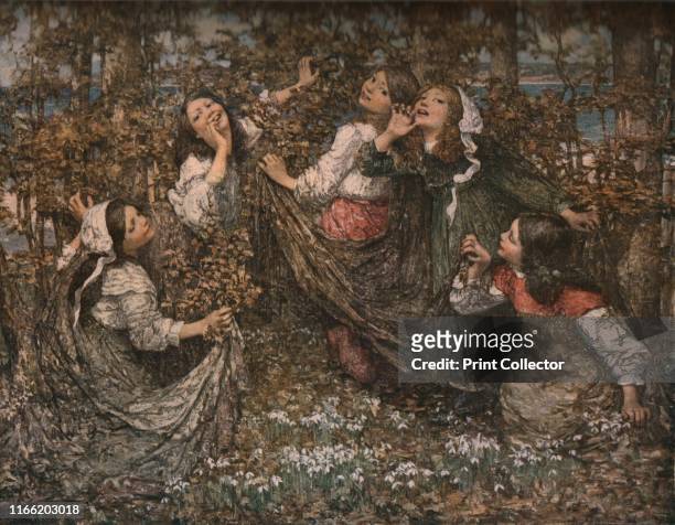 The Earth's Awakening' . A group of girls celebrate the coming of Spring, indicated by the snowdrops in the foreground. Painting in the Dundee Art...