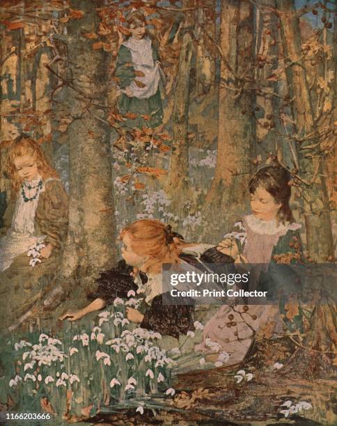 The Coming of Spring' . A group of girls celebrate the coming of Spring, indicated by the snowdrops in the foreground. Painting in the Glasgow...