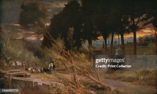 Evening' . Sunset through cypress trees near Florence in Italy. Painting in the Harris Museum & Art Gallery, Preston, Lancashire. From "Modern...
