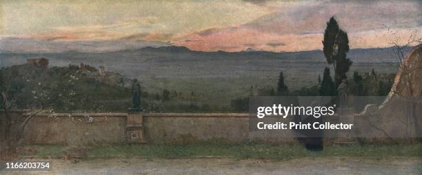 Evening', circa 1901, . Figure standing on a terrace overlooking the valley of the River Arno in Tuscany, Italy. Painting in the Tate Gallery,...
