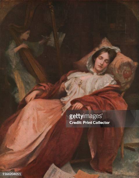 Dreams', late 19th century, . Sleeping woman, with a harp player in the background. Painting, also known as 'E dolce dormire', , in the Gallery...