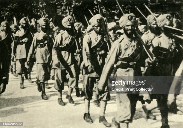 Indian soldiers in France, First World War . A Sikh regiment on the march. Over one million Indian troops in the British Indian Army fought in the...
