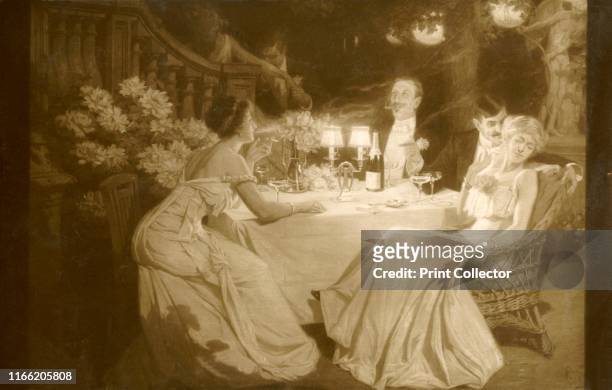Salon 1910. After Dinner', 1910. Four men and women flirt and drink champagne in a restaurant. One of the women is smoking - rather shocking for the...