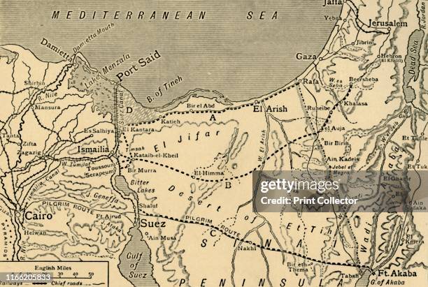 Map of the Turkish attack on the Suez Canal, Egypt, First World War . 'Map showing approximately the direction of the Turkish Attack on the Suez...