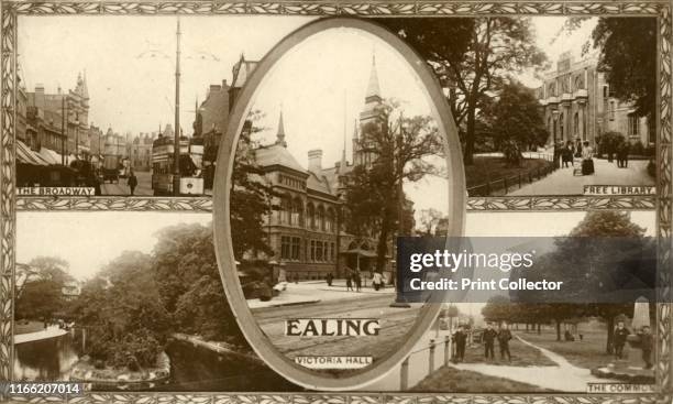 Views of Ealing, west London, 1917. The Broadway, Walpole Park, the Free Library, the Common and Victoria Hall. Postcard. [The Pelham Series of local...