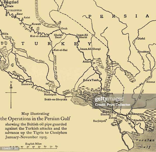 British oil pipeline in the Middle East, First World War . 'Map illustrating the Operations in the Persian Gulf; showing the British oil pipe guarded...