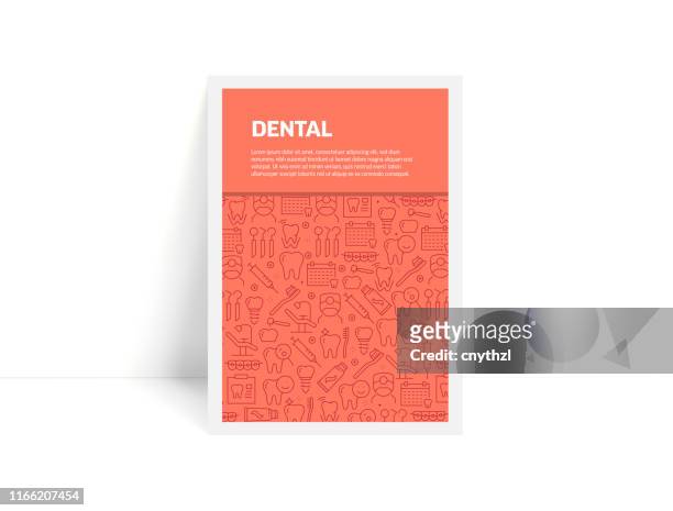 ilustrações de stock, clip art, desenhos animados e ícones de vector set of design templates and elements for dental in trendy linear style - pattern with linear icons related to dental - minimalist cover, poster design - dentist's office