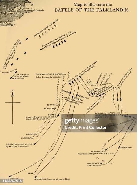 Map illustrating the Battle of the Falkland Islands on 8 December 1914, . Diagram showing movements during the Battle of the Falkland Islands, a...