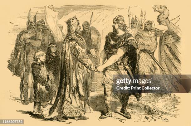 Meeting of Edmund Ironside and Canute, on the Isle of Alney, in the Severn', circa 1890. Edmund Ironside meets King Canute on Alney Island in the...