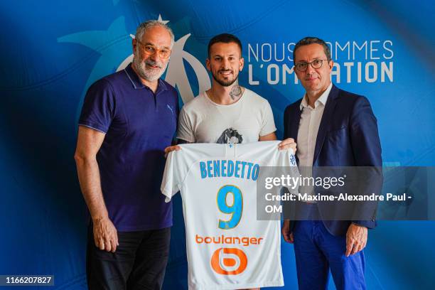 Dario Benedetto signs for Olympique de Marseille at Centre Robert Louis-Dreyfus on August 05, 2019 in Marseille, France.