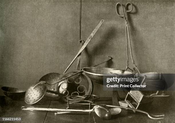 One sadiron; one charcoal tongs; ladies, skimmer, and fork; two trivets; copper chopping-dish', circa 18th century, . From "History of American...