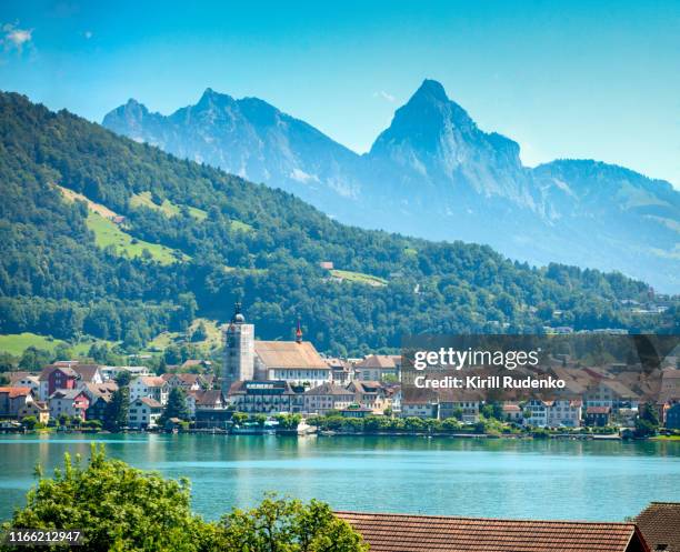 town of arth and zugersee in canton of schwyz, switzerland - schwyz stock pictures, royalty-free photos & images