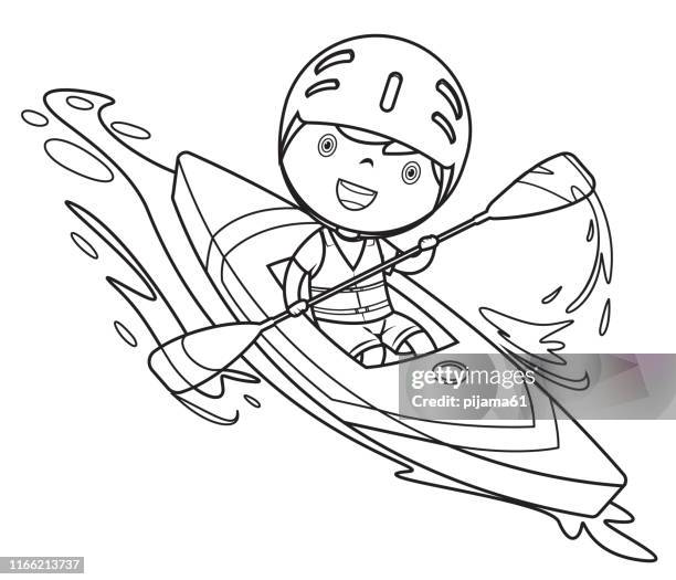 coloring book, boy with canoe - people on canoe clip art stock illustrations