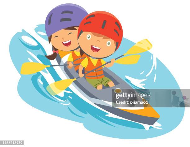 boy and girl with canoe - people on canoe clip art stock illustrations