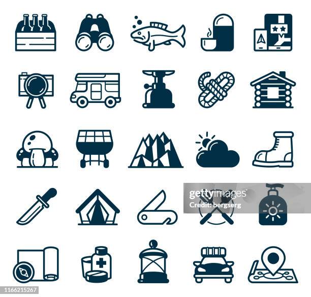 adventure and survival icons - survival kit stock illustrations