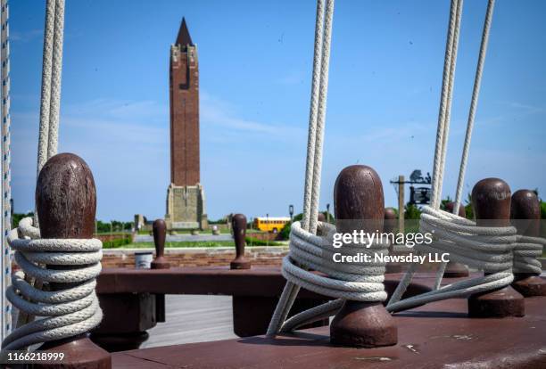 The base of the flagpole in the central mall looking towards the water tower at Jones Beach in Wantagh, New York on July 17, 2019. The State Park...