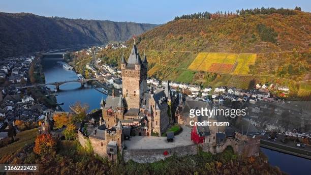 aerial of cochem castle and vineyards in mosel wine valley at autumn, rhineland-palatinate, germany. - moseltal stock pictures, royalty-free photos & images