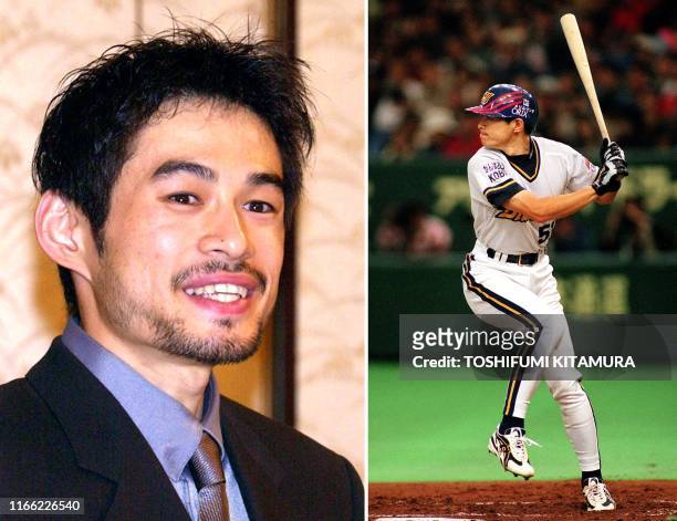 This combo picture shows Japan's Orix BlueWave outfielder Ichiro Suzuki , taken 12 October 2000 and his batting action , taken November 1998....