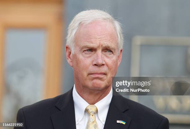 United States Senator Ron Johnson speaks to journalists with joint a press conference with United States Senator Chris Murphy after their meeting...