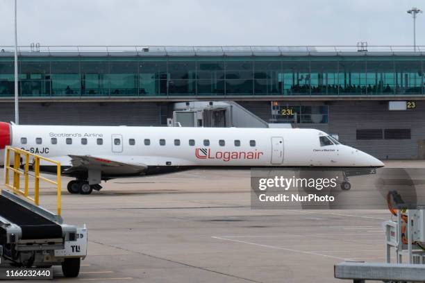 Loganair Embraer ERJ-145 aircraft as seen taxiing at London Stansted International Airport STN EGSS in England, UK on 1st August 2019. The regional...