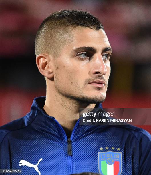 Italy's midfielder Marco Verratti lines up ahead of the Euro 2020 Group J football qualification match between Armenia and Italy at the Vazgen...