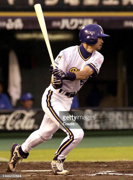 Orix Bluewave slugger Ichiro Suzuki gets a two-base hit at the second inning of the pacific League professional baseball game in Kobe, western Japan...