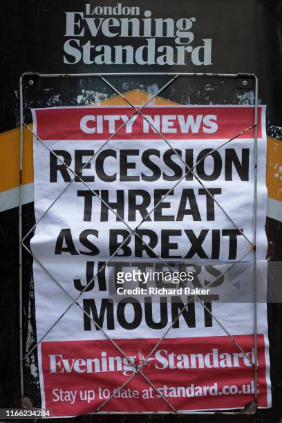 Detail of an Evening Standard newspaper headline for Friday 30th August, speaking of economic uncertainty and the treat of recession over a possible...