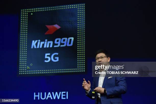 Richard Yu , head of Huawei's consumer business, speaks during the presentation of a Kirin 990 5G chip set at the international electronics and...