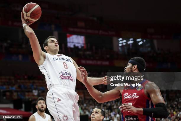 Nemanja Bjelica of Serbia in action against Puerto rico during FIBA Basketball World Cup China 2019 at Wuhan Sports Center on September 06 , 2019 in...