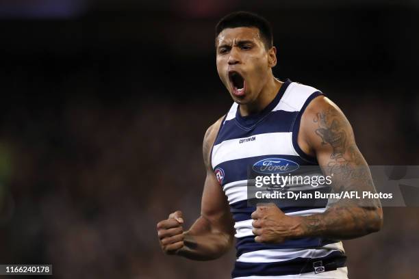 Tim Kelly of the Cats celebrates a goal during the 2019 AFL First Qualifying Final match between the Geelong Cats and the Collingwood Magpies at the...