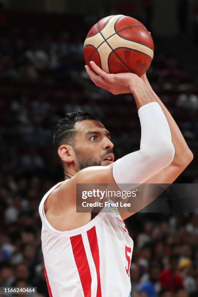 Salah Mejri of the Tunisia National Team in action against the Philippines National Team during the classification round of 2019 FIBA World Cup at on...