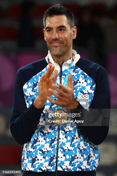 Luis Scola of Argentina stands with his gold medal after Men's Basketball Gold Medal match between Argentina and Puerto Rico on Day 9 of Lima 2019...