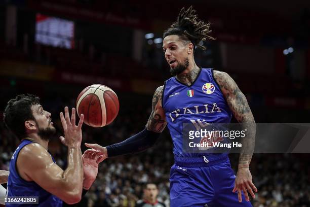 Alessandro Gentile and Daniel Hackett of Italy in action against Spain during the FIBA World Cup 2019 Group J match between Spain and Italy at Wuhan...