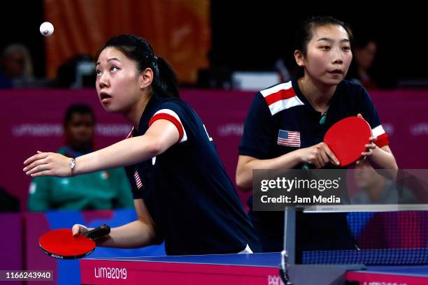 Yue Wu and Lily Usazhang of USA during Women's Doubles Quarterfinalsat VIDENA on Day 9 of Lima 2019 Pan American Games on at August 4, 2019 in Lima,...