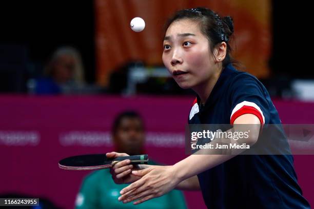 Yue Wu of USA during Women's Doubles Quarterfinals at VIDENA on Day 9 of Lima 2019 Pan American Games on at August 4, 2019 in Lima, Peru.