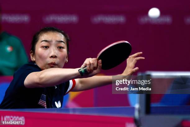 Yue Wu of USA during Women's Doubles Quarterfinals at VIDENA on Day 9 of Lima 2019 Pan American Games on at August 4, 2019 in Lima, Peru.